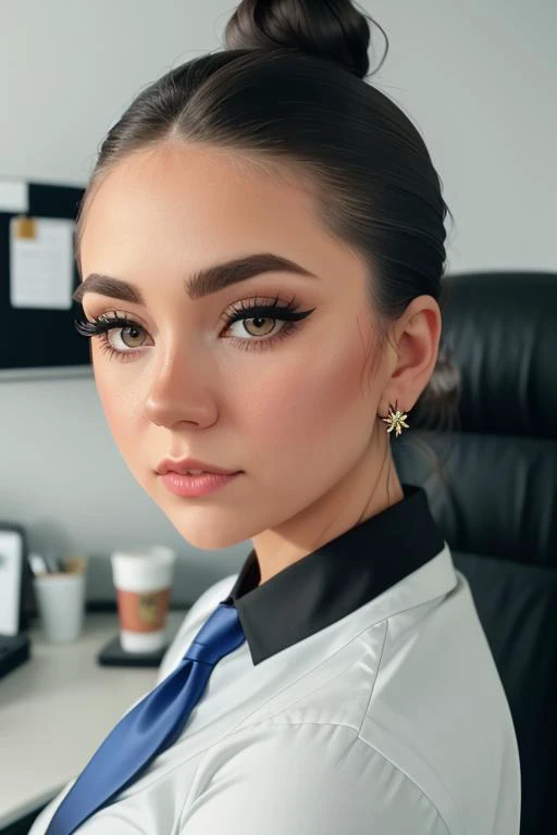 , photo of a woman, (epic) , perfect hair, beautiful perfect skin, ((hair up, hair in bun, busy office)), (modern photo, necktie, shirt), 24mm, (analog, cinematic, film grain:1.3), , detailed eyes, (upper body), (looking at viewer), earrings, (eyeliner, ey...