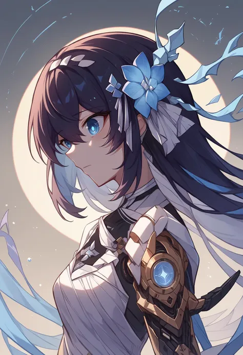 anime girl with long hair and blue eyes holding a sword