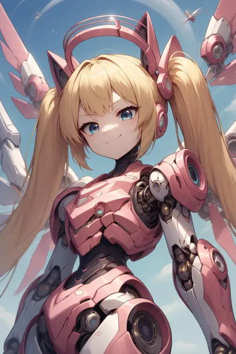 score_9, score_8_up,  <lora:wrenchsmechsxl:1> wrenchsmechs, pink mecha, mechanical arms, mechanical legs, mechanical eyes, mechanical halo, mechanical wings,, twintails, blonde hair, cat face, smug smile, from below, looking at the viewer, hovering, sky ba...