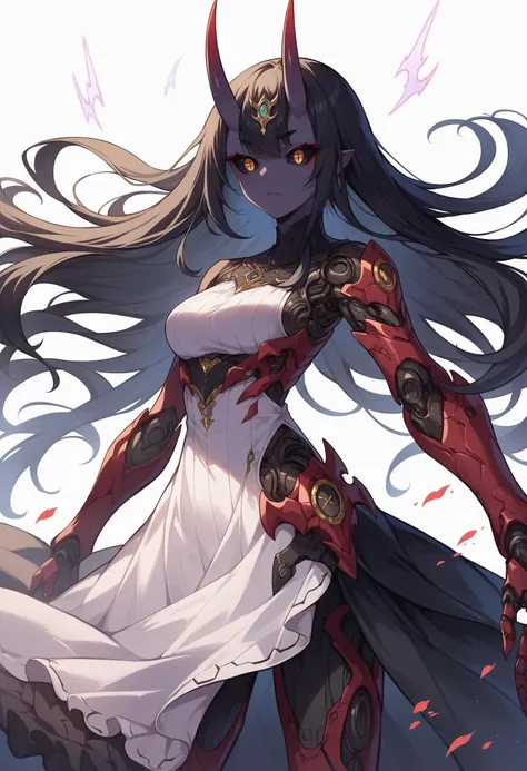 score_9, score_8_up, source_anime,<lora:wrenchsmechsxl-000010:1>,wrenchsmechs, female,black hair, long hair, mechanical legs, demon, black skin, white background, slit pupils, black sclera, medium breasts,dress, layered dress, layered skirt, oni horn,