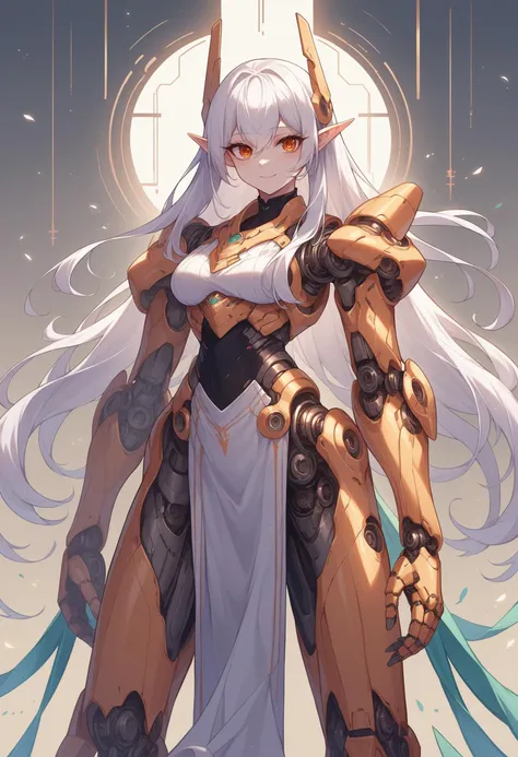 score_9, score_8_up, source_anime,<lora:wrenchsmechsxl-000010:1>,wrenchsmechs, female, mechanical eyes, white hair, long hair, mechanical legs, pelvic curtain, humanoid pointy ears, light smile,