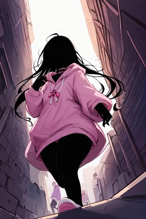 anime girl walking down a narrow alley way in a pink coat