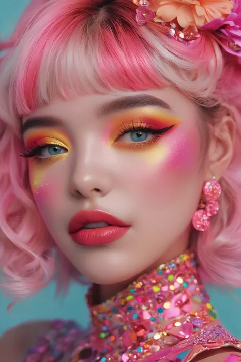 a close up of a woman with pink hair and bright makeup