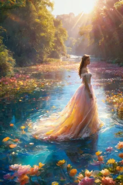 painting of a woman in a dress standing in a river surrounded by flowers