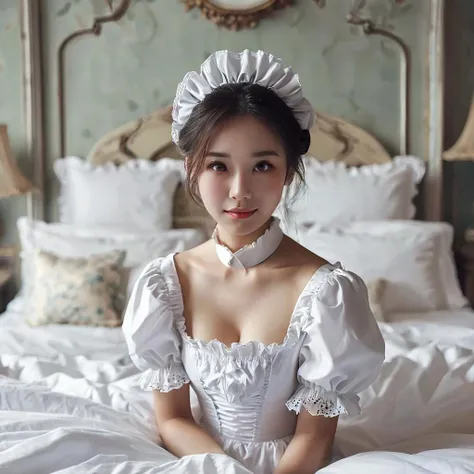 there is a woman sitting on a bed wearing a white dress