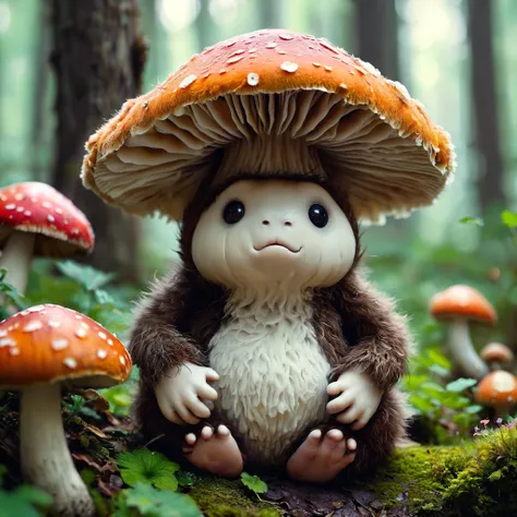 A cute monster sitting on a flower eating a mushroom, fluffy, soft, forest