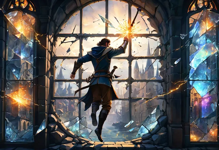 A man jumping casting a spell with with broken glass window with a medieval city in the background with intricate details, digital fantasy art, cinematic, fists glowing magical energy