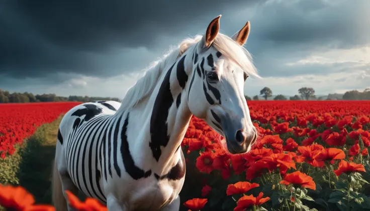 score_9, score_8_up, score_7_up, score_6_up, score_5_up, score_4_up, photorealistic, a horse standing on a red field, white mane, black and white stripes, extremely detailed,wearing a red tophat,