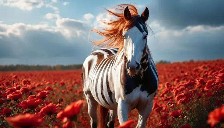 score_9, score_8_up, score_7_up, score_6_up, score_5_up, score_4_up,Masterpiece, best quality, photorealistic, a horse standing on a red field, red mane, black and white stripes, extremely detailed,horse wearing a red tophat,