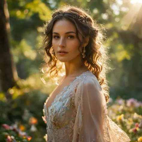 a woman in a dress standing in a field of flowers