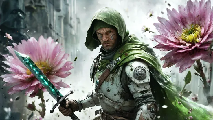 a close up of a person holding a sword near a flower