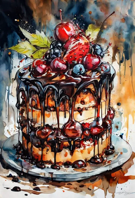 a painting of a cake with chocolate and cherries on top