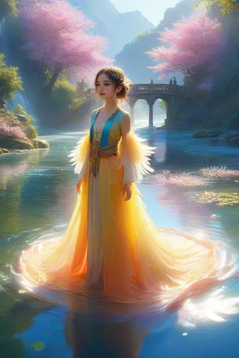 a woman in a yellow dress standing in a river with a bridge in the background