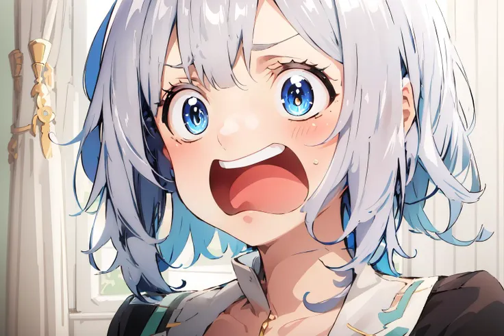 anime girl with blue eyes and white hair with a surprised look