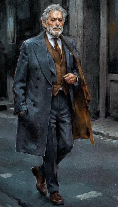 Painting of a handsome old man in an expensive dark grey suit walking down the street, grey hair, beard, bright coat, brown waistcoat, necktie, (one arm:1.1), anime, <lora:ALEYO_ON_CANVAS_v3:0.8>