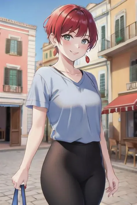 anime girl with red hair and blue shirt walking down a street