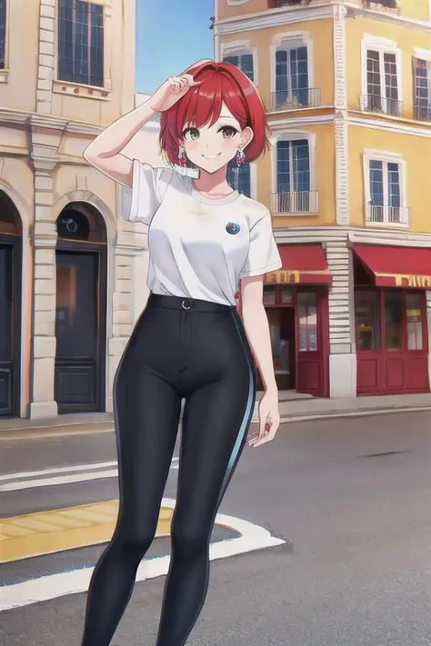 anime girl in tight pants and white shirt standing on the street