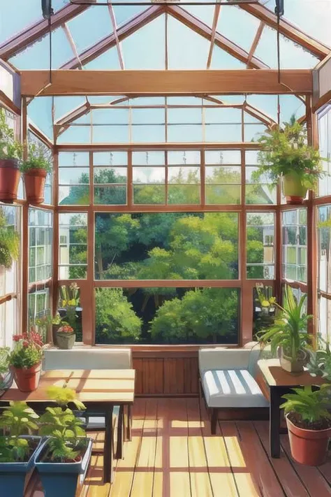 a painting of a sun room with a bench and potted plants