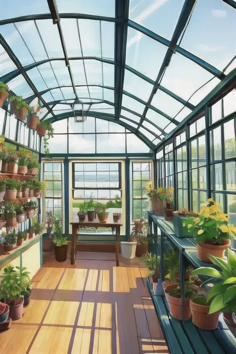 a painting of a greenhouse with lots of potted plants