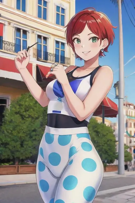 anime girl in polka dot pants and tank top smoking a cigarette