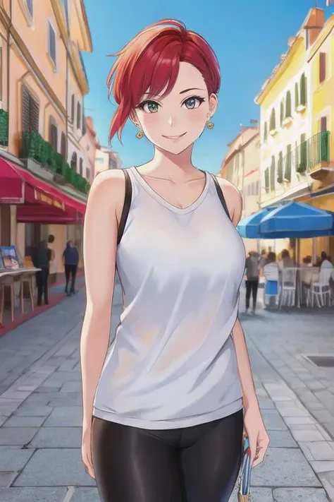 a woman with red hair and a white top standing in a street