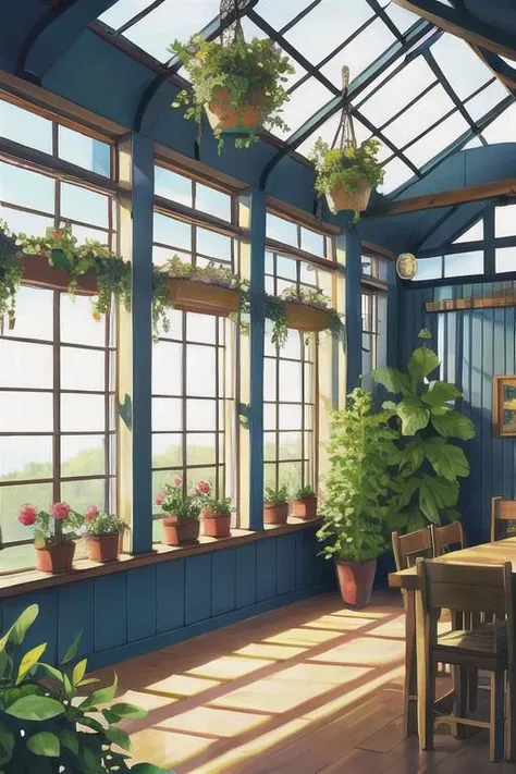 there is a painting of a sun room with a table and chairs