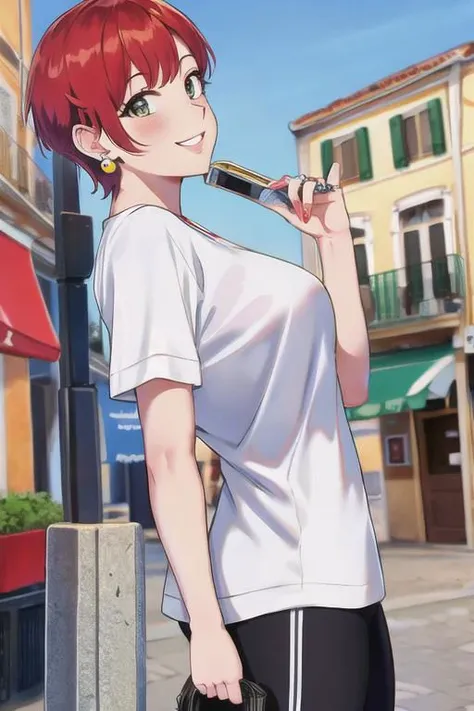 anime girl with red hair and white shirt holding a black purse