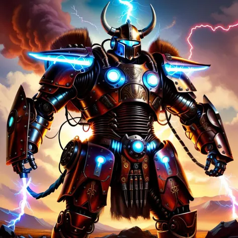 <lora:CulturePunkAI_3:.4> <lora:TechPunkAIv2:.6>  VikingPunkAI (TeslaPunkAI:1.1) Armored Viking mech suit powered by tesla coils , Highly detailed, intricate, sci-fi, Impressive lighting, vibrant colors, intricate detailed background