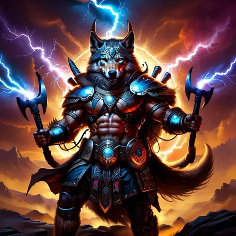 <lora:CulturePunkAI_3:.4> <lora:TechPunkAIv2:.6>  VikingPunkAI (TeslaPunkAI:1.1) Tesla-powered wolves accompanying a Viking warrior , Highly detailed, intricate, sci-fi, Impressive lighting, vibrant colors, intricate detailed background