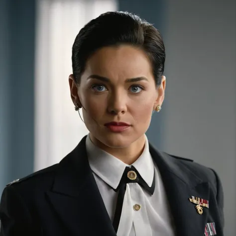 cinematic film still of  <lora:Command and Conquer style v2:1>
Lieutenant Eva Lee a woman in a suit and tie is making a face,solo,looking at viewer,short hair,blue eyes,shirt,black hair,1boy,jewelry,jacket,white shirt,upper body,male focus,earrings,teeth,c...