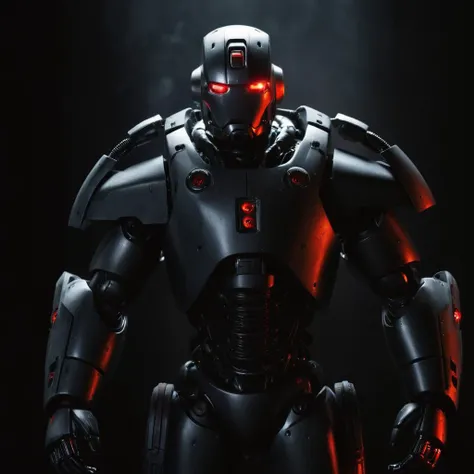 cinematic film still of  <lora:Command and Conquer style v2:1>
a mecha human in a robot suit with a red eye standing in front of a black background,solo,red eyes,standing,no humans,glowing,robot,black background,mecha,glowing eyes,clenched hands,science fi...