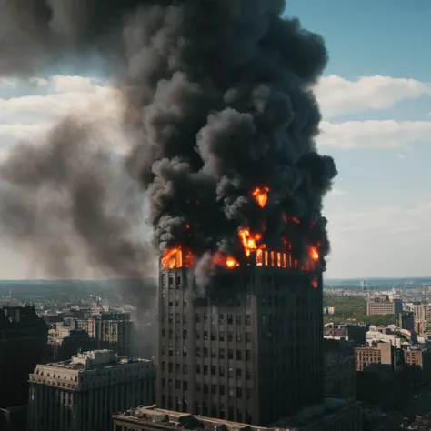 cinematic film still of  <lora:Command and Conquer style:1>
Allied a tall building with a lot of black smoke coming out of it,outdoors,sky,day,cloud,no humans,fire,building,smoke,city,skyscraper,destruction Allied, American, US, Command & Conquer, Red Aler...