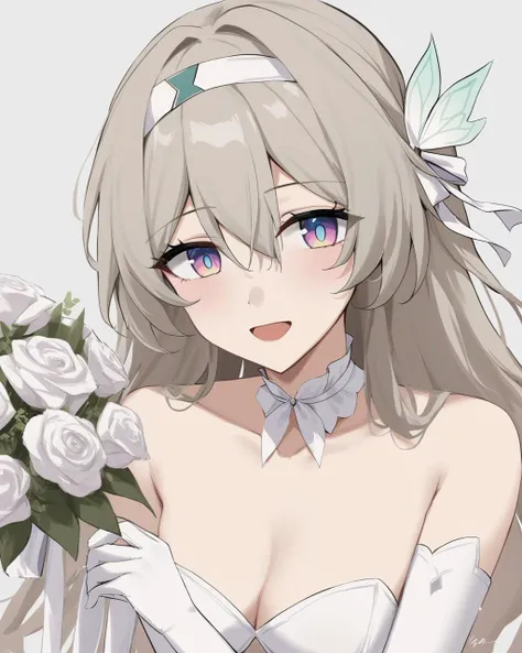 masterpiece,best quality,<lora:ireflyv1:1>,1girl,:d,absurdres,butterfly hair ornament,commentary,dress flower,elbow gloves,feint721,firefly (honkai: star rail),grey background,grey hair,hair between eyes,hair ribbon,highres,holding bouquet,honkai: star rai...