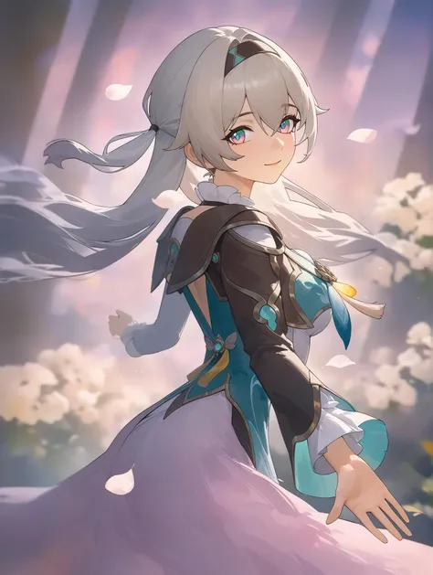 masterpiece, high quality, official art, 1girl, solo, firefly (honkai: star rail), offering hand, reaching out, twirling, fleeting happiness, spinning, depth of field, bittersweet smile, long sleeves, petals in the wind, from behind, detailed textures, (pa...