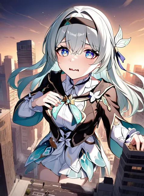 anime girl with long white hair and blue eyes standing on a skyscraper