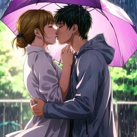 anime artwork of  <lora:anime manga girl style:1.2>
a couple kissing in the rain  anime manga girl style, anime style, key visual, vibrant, studio anime,  highly detailed