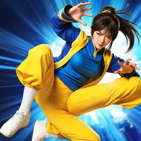 anime artwork of  <lora:anime manga girl style:1.2>
a kung fu woman in a blue and yellow outfit anime manga girl style, anime style, key visual, vibrant, studio anime,  highly detailed