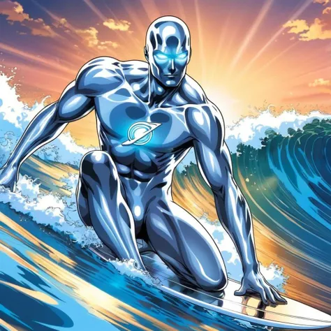 anime artwork of  <lora:anime manga girl style:1.2>
a silver surfer is riding a wave in the ocean anime manga girl style, anime style, key visual, vibrant, studio anime,  highly detailed