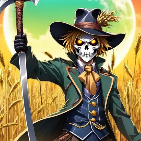 anime artwork of  <lora:anime manga girl style:1.2>
a cartoon scarecrow character with a epic perfect scythe and a hat anime manga girl style, anime style, key visual, vibrant, studio anime,  highly detailed