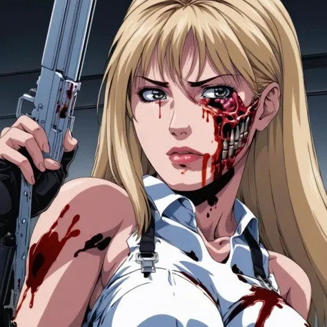 anime artwork of  <lora:anime manga girl style:1.2>
a blonde woman with a bloody terminator skull face and a dreadful look anime manga girl style, anime style, key visual, vibrant, studio anime,  highly detailed