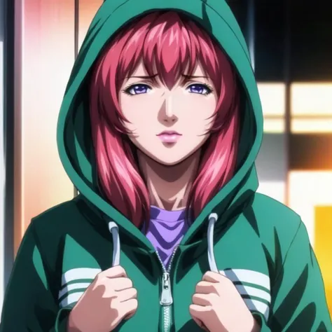 anime artwork of  <lora:anime manga girl style:1.2>
a woman with a hoodie on is staring at the camera anime manga girl style, anime style, key visual, vibrant, studio anime,  highly detailed