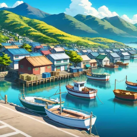 anime artwork of  <lora:anime manga girl style:1.2>
a harbor with boats and mountains in the background anime manga girl style, anime style, key visual, vibrant, studio anime,  highly detailed