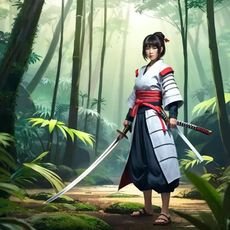 Conceptual Art of  <lora:anime manga girl style:1.2>
a woman in a samurai outfit holding a sword in ground in jungle forest anime manga girl style, concept art