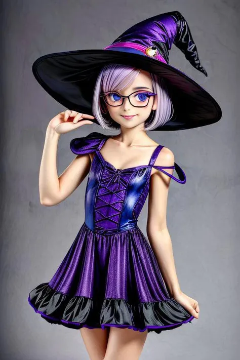 masterpiece, best quality, 1girl, portrait, light purple hair, (flat chest: 1.2), blue eyes, thick rimmed glasses, short hair, shoulder length hair, akz, petite,  jyojifuku, witch, hat, dress, halloween, smile