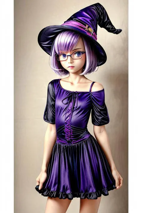 masterpiece, best quality, 1girl, portrait, light purple hair, (flat chest: 1.2), blue eyes, thick rimmed glasses, short hair, shoulder length hair, akz, petite,  jyojifuku, witch, hat, dress, halloween,