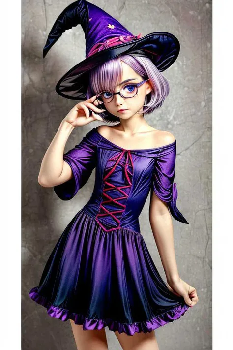 masterpiece, best quality, 1girl, portrait, light purple hair, (flat chest: 1.2), blue eyes, thick rimmed glasses, short hair, shoulder length hair, akz, petite,  jyojifuku, witch, hat, dress, halloween,