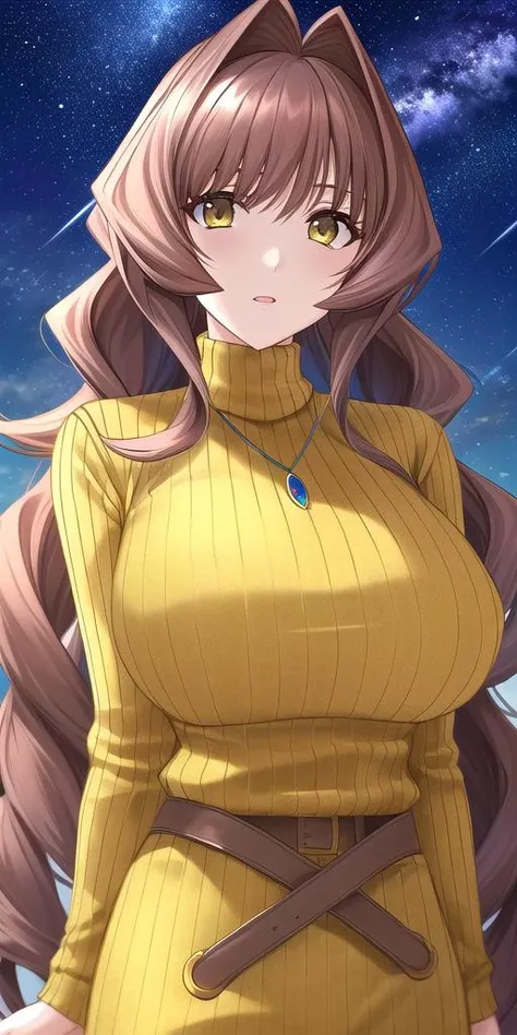 <lora:marimov5:0.7> jinguuji_marimo, huge_breasts, standing, solo, yellow_ribbed_sweater_turtleneck_brown_long_skirt_brown_belt_...