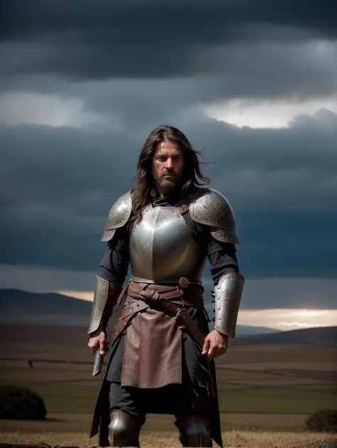 a man in armor standing in a field with a cloudy sky