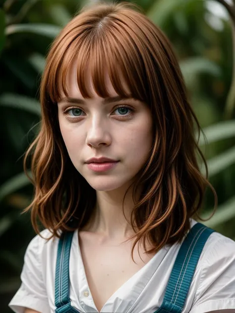 a close up of a woman with a white shirt and blue overalls