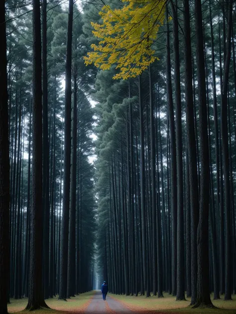 arafed view of a person walking down a path in a forest